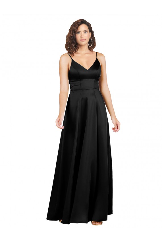Affordable A-Line V-Neck Silky Satin Long Black Formal Evening Dress Canada