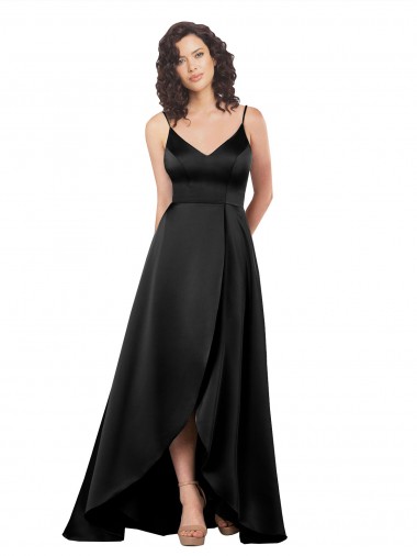 Affordable A-Line V-Neck Silky Satin Long Black High Low Evening Dress Canada