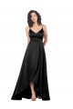 Affordable A-Line V-Neck Silky Satin Long Black High Low Evening Dress Canada