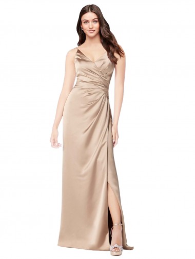 Affordable A-Line V-Neck Silky Satin Long Champagne Pink Formal Evening Dress Canada