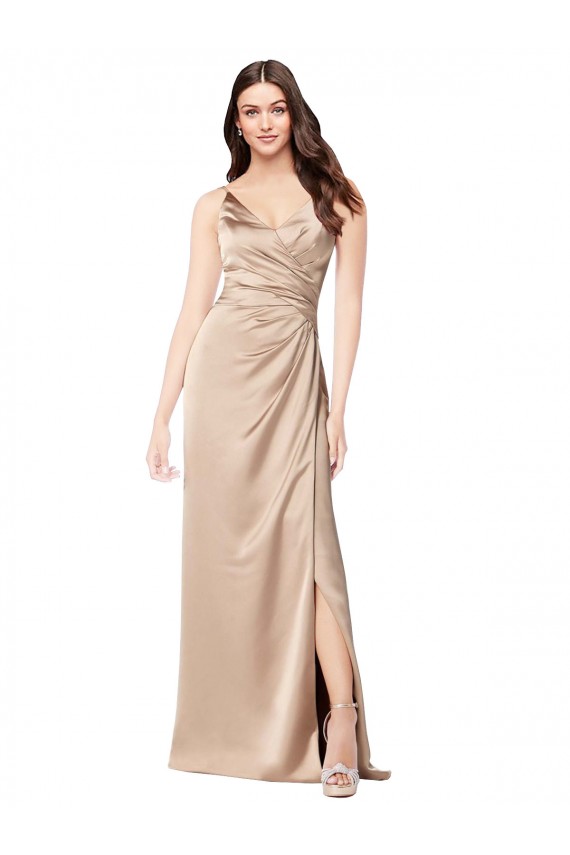 Affordable A-Line V-Neck Silky Satin Long Champagne Pink Formal Evening Dress Canada