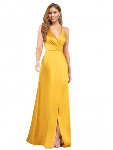Affordable A-Line V-Neck Silky Satin Long Formal Evening Dress Canada