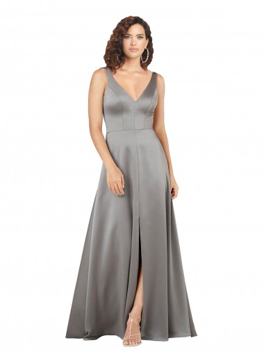 Affordable A-Line V-Neck Silky Satin Long Pearl Grey Formal Evening Dress Canada