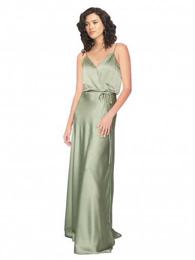 Affordable A-Line V-Neck Silky Satin Long Smoke Green Formal Evening Dress Canada