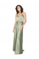 Affordable A-Line V-Neck Silky Satin Long Smoke Green Formal Evening Dress Canada