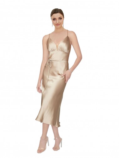 Affordable A-Line V-Neck Silky Satin Midi Length Formal Evening Dress Canada