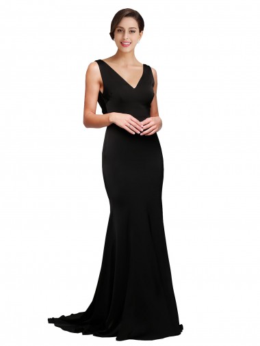 Affordable A-Line V-Neck Silky Satin Sweep Train Black Formal Evening Dress Canada