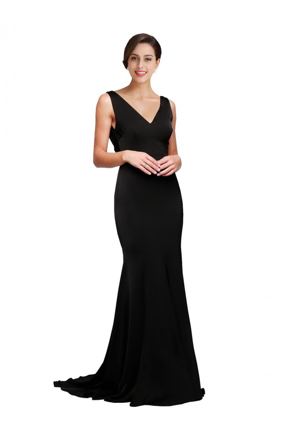 Affordable A-Line V-Neck Silky Satin Sweep Train Black Formal Evening Dress Canada