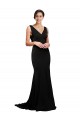 Affordable A-Line V-Neck Silky Satin Sweep Train Black Formal Evening Dress Canada