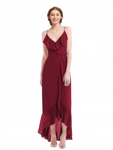 Affordable A-Line V-Neck Soft Chiffon Long Burgundy High Low Evening Dress Canada