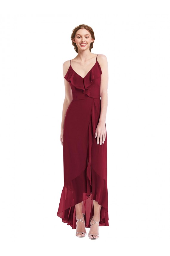 Affordable A-Line V-Neck Soft Chiffon Long Burgundy High Low Evening Dress Canada