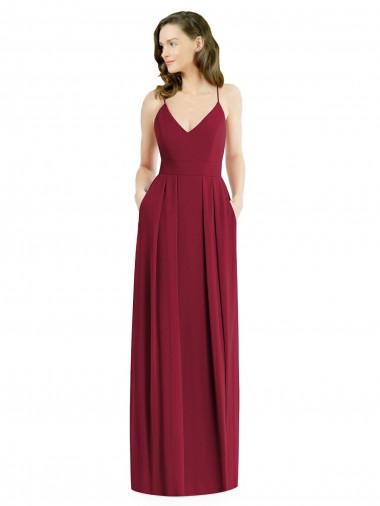Affordable A-Line V-Neck Soft Chiffon Long Burgundy Semi Formal Evening Dress Canada
