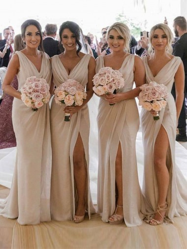 Affordable A-Line V-Neck Soft Chiffon Long Champagne Evening Dress Canada