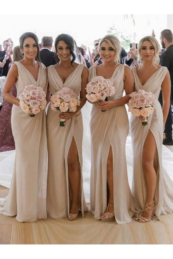 Affordable A-Line V-Neck Soft Chiffon Long Champagne Evening Dress Canada
