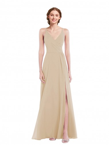 Affordable A-Line V-Neck Soft Chiffon Long Champagne Semi Formal Evening Dress Canada