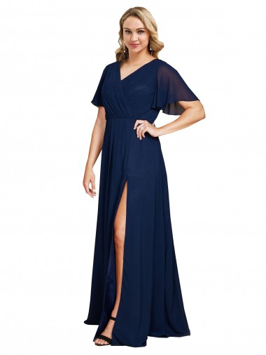 Affordable A-Line V-Neck Soft Chiffon Long Dark Navy Formal Plus Size Evening Dress Canada