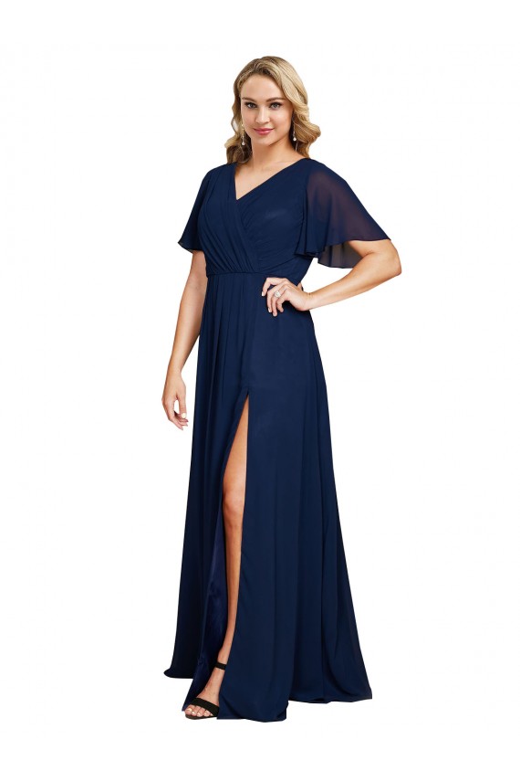 Affordable A-Line V-Neck Soft Chiffon Long Dark Navy Formal Plus Size Evening Dress Canada