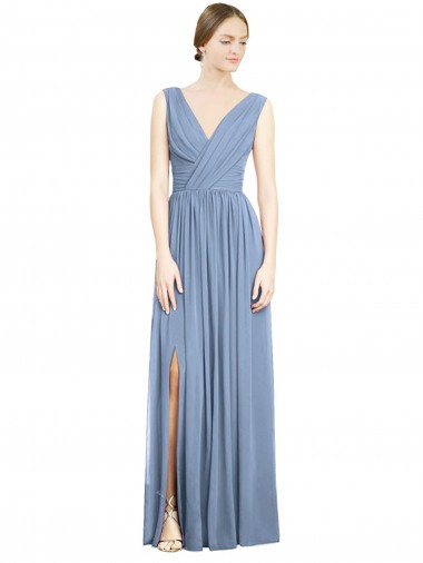 Affordable A-Line V-Neck Soft Chiffon Long Dusty Blue Semi Formal Evening Dress Canada