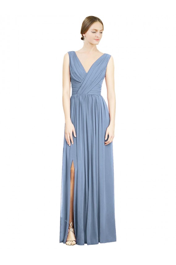 Affordable A-Line V-Neck Soft Chiffon Long Dusty Blue Semi Formal Evening Dress Canada