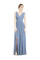 Affordable A-Line V-Neck Soft Chiffon Long Dusty Blue Semi Formal Evening Dress Canada