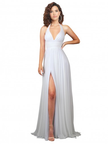 Affordable A-Line V-Neck Soft Chiffon Sweep Train White Semi Formal Evening Dress Canada