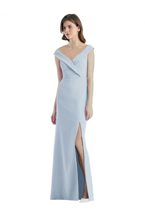 Affordable A-Line V-Neck Stretch Crepe Long Light Sky Blue Black Tie Evening Dress Canada