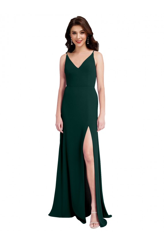 Affordable A-Line V-Neck Stretch Crepe Long Midnight Green Formal Evening Dress Canada