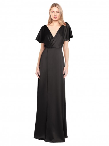 Affordable A-Line V-Neck Stretch Satin Long Black Evening Dress Canada