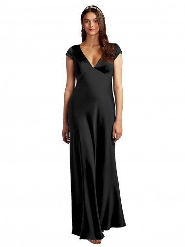 Affordable A-Line V-Neck Stretch Satin Long Black Formal Evening Dress Canada