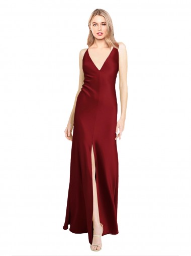 Affordable A-Line V-Neck Stretch Satin Long Burgundy Black Tie Evening Dress Canada