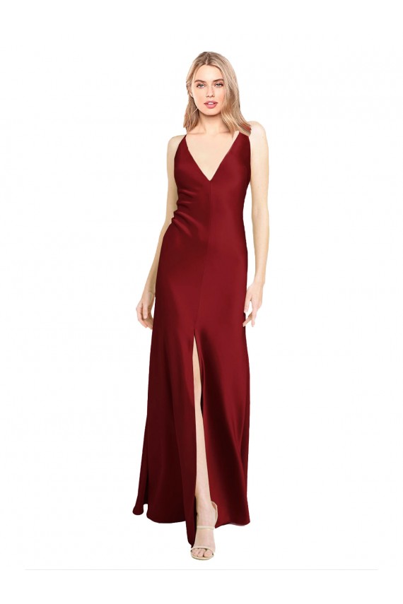 Affordable A-Line V-Neck Stretch Satin Long Burgundy Black Tie Evening Dress Canada