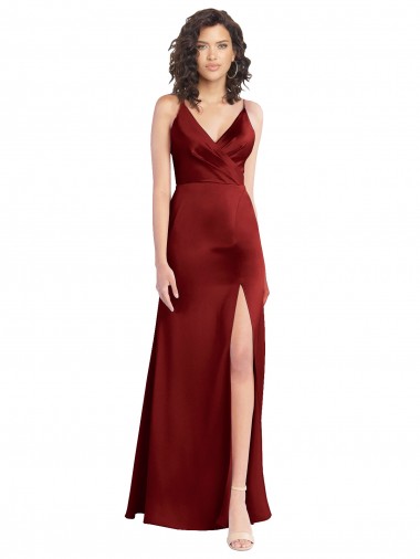 Affordable A-Line V-Neck Stretch Satin Long Burgundy Formal Dress Canada