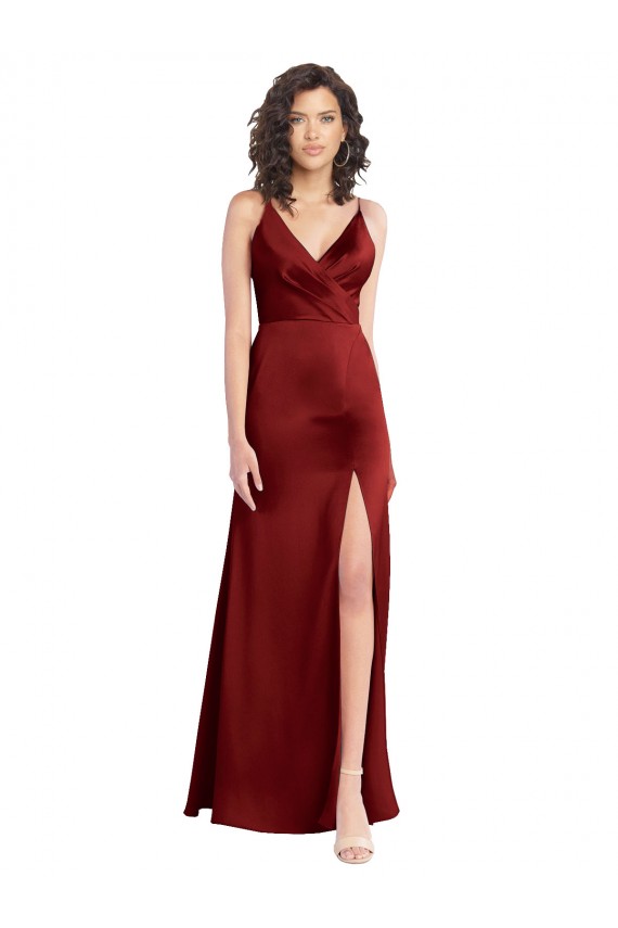 Affordable A-Line V-Neck Stretch Satin Long Burgundy Formal Dress Canada