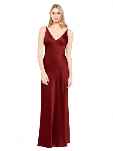 Affordable A-Line V-Neck Stretch Satin Long Burgundy Formal Evening Dress Canada