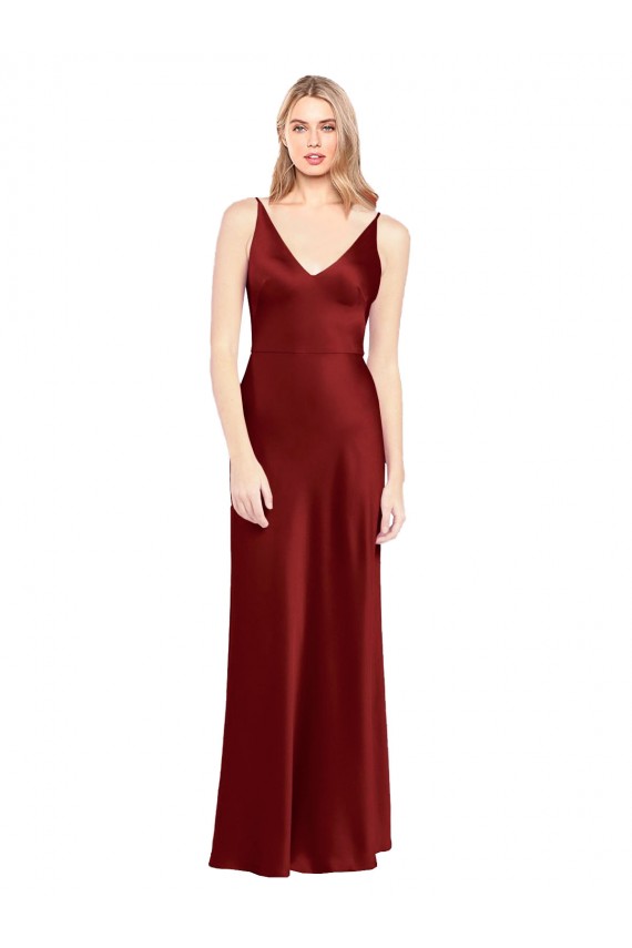Affordable A-Line V-Neck Stretch Satin Long Burgundy Formal Evening Dress Canada