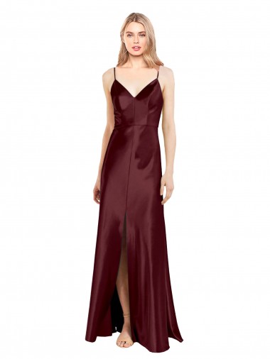 Affordable A-Line V-Neck Stretch Satin Long Burgundy Gold Evening Dress Canada