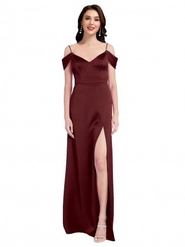 Affordable A-Line V-Neck Stretch Satin Long Burgundy Gold Formal Dress Canada