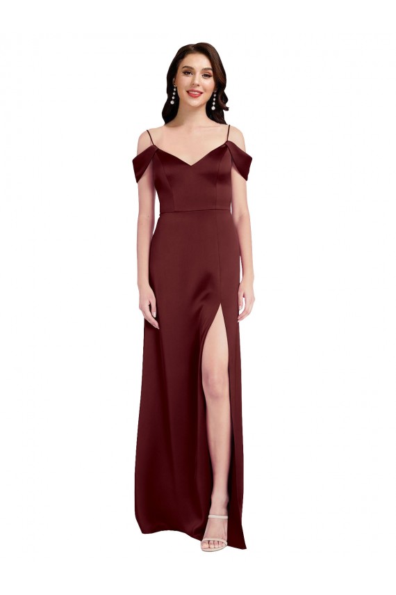 Affordable A-Line V-Neck Stretch Satin Long Burgundy Gold Formal Dress Canada