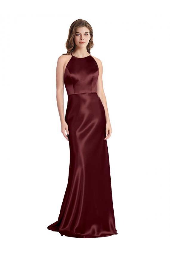 Affordable A-Line V-Neck Stretch Satin Long Burgundy Gold Formal Evening Dress Canada