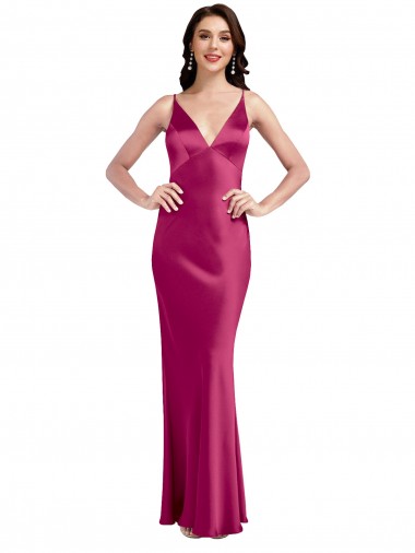 Affordable A-Line V-Neck Stretch Satin Long Fuchsia Formal Evening Dress Canada