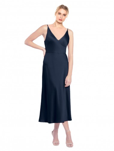 Affordable A-Line V-Neck Stretch Satin Midi Length Dark Navy Formal Evening Dress Canada