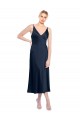 Affordable A-Line V-Neck Stretch Satin Midi Length Dark Navy Formal Evening Dress Canada