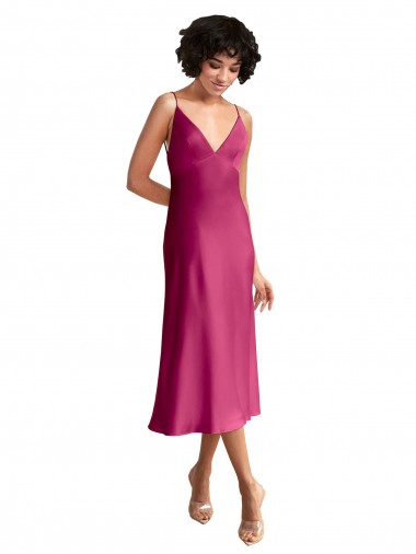 Affordable A-Line V-Neck Stretch Satin Midi Length Fuchsia Formal Evening Dress Canada