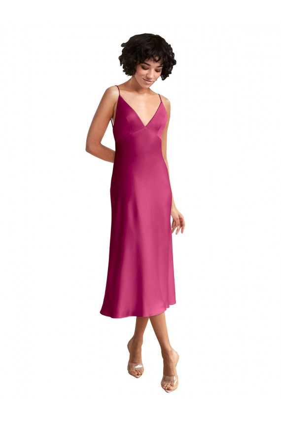 Affordable A-Line V-Neck Stretch Satin Midi Length Fuchsia Formal Evening Dress Canada
