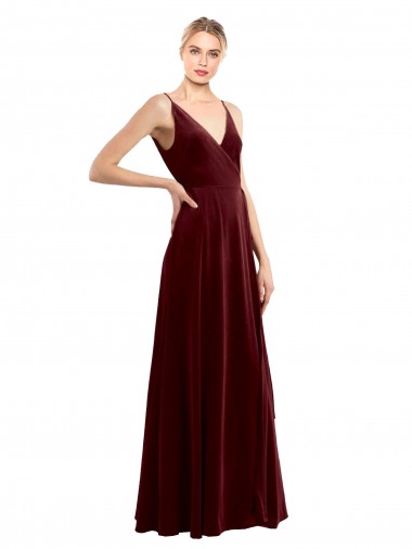 Affordable A-Line V-Neck Stretch Velvet Long Burgundy Evening Dress Canada