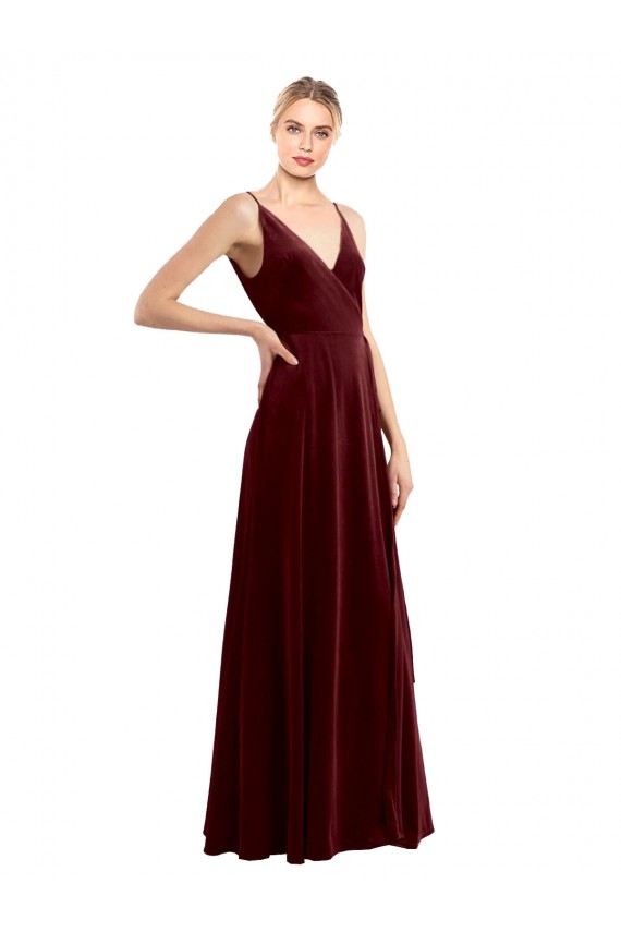 Affordable A-Line V-Neck Stretch Velvet Long Burgundy Evening Dress Canada