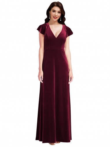 Affordable A-Line V-Neck Stretch Velvet Long Burgundy Semi Formal Evening Dress Canada