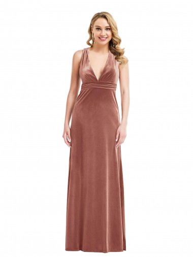Affordable A-Line V-Neck Stretch Velvet Long Cinnamon Rose Evening Dress Canada