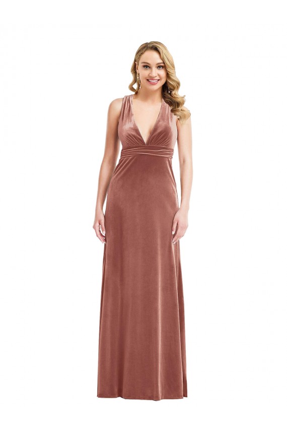 Affordable A-Line V-Neck Stretch Velvet Long Cinnamon Rose Evening Dress Canada