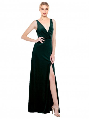 Affordable A-Line V-Neck Stretch Velvet Long Dark Green Black Tie Evening Dress Canada